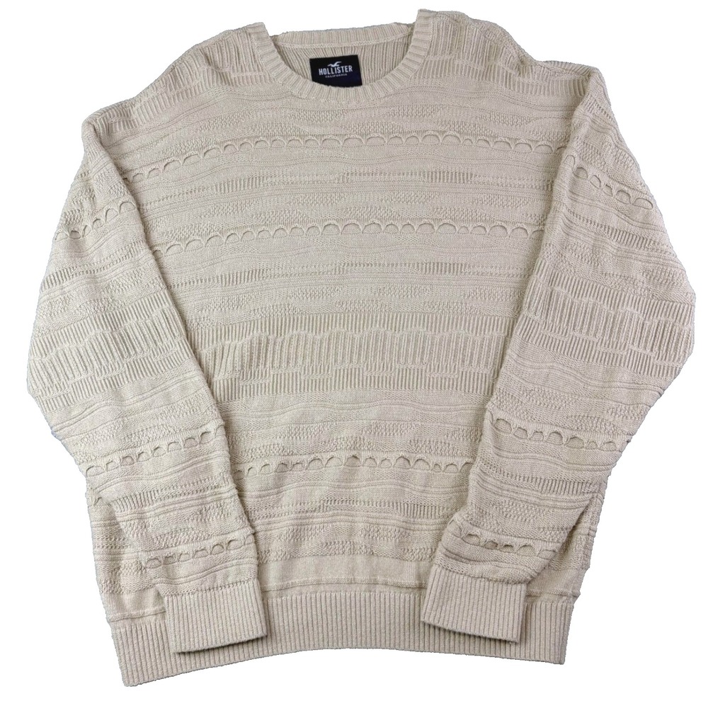 Hollister XL Tan Crewneck Sweater Textured Open Knit Cotton Blend Retro Relaxed